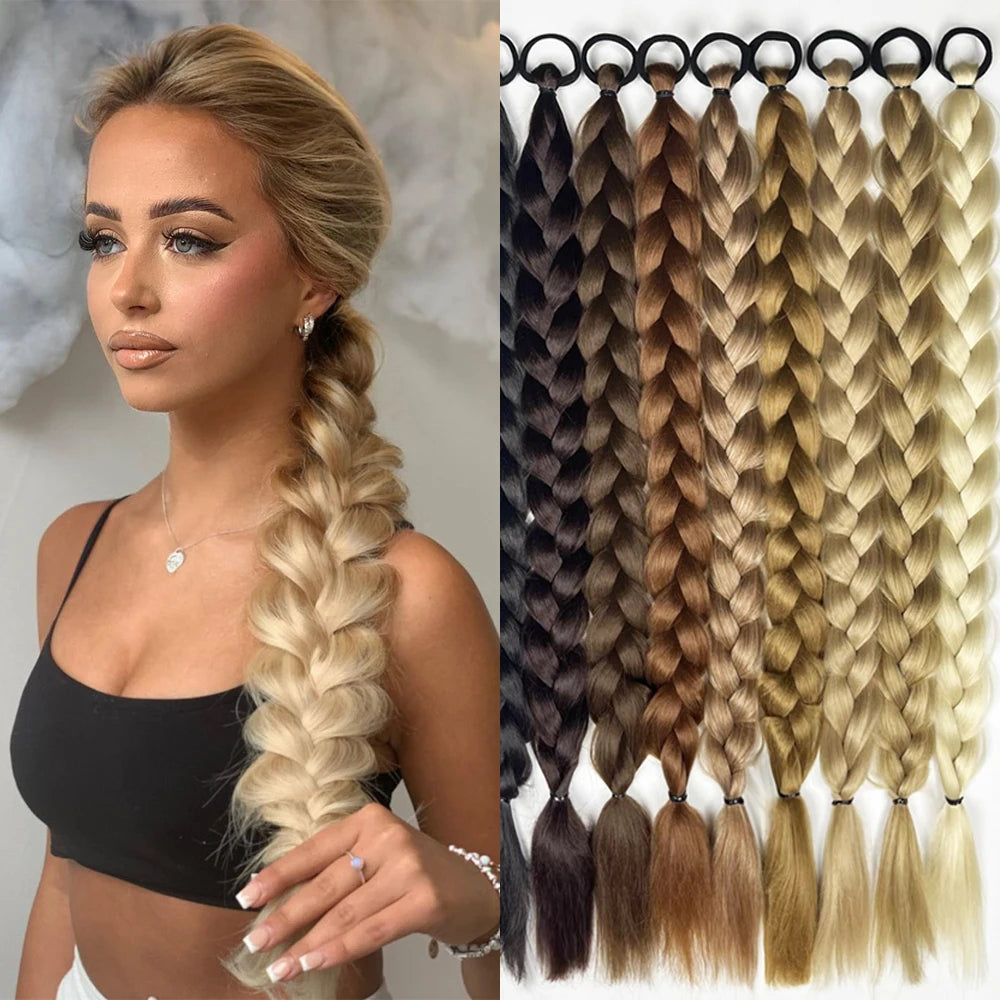 24-Inch Synthetic Twist Braid Ponytail Extension with Rubber Band – Braided Hair for Women, Daily Wear