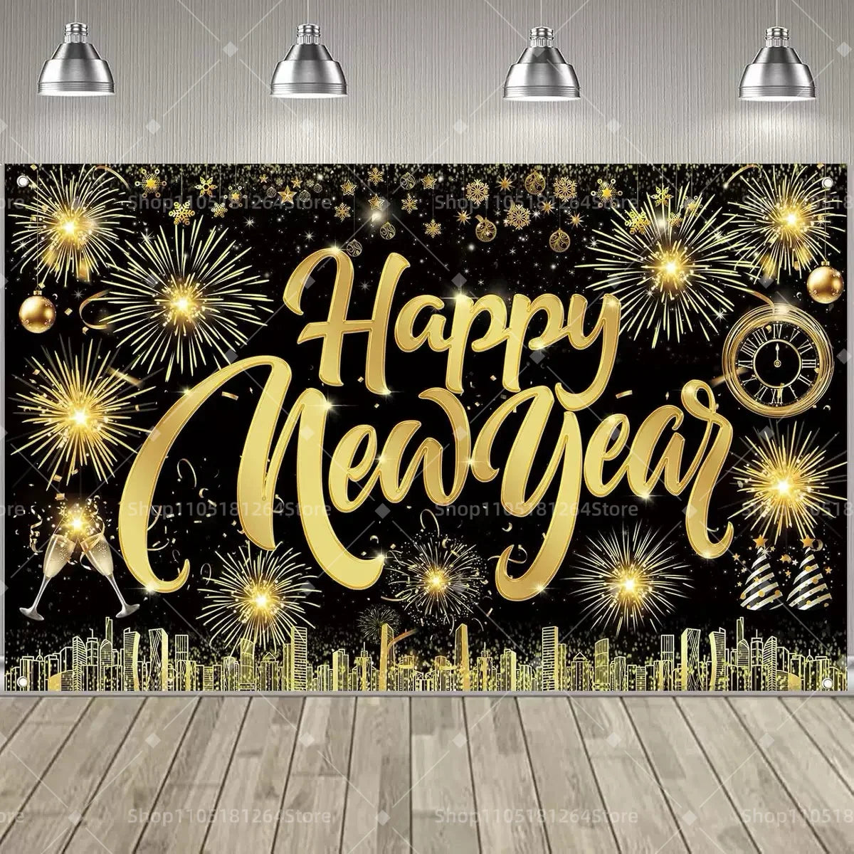 Black & Gold Happy New Year Party Decoration Banner – Festive Photo Backdrop for New Year & Holiday Celebrations