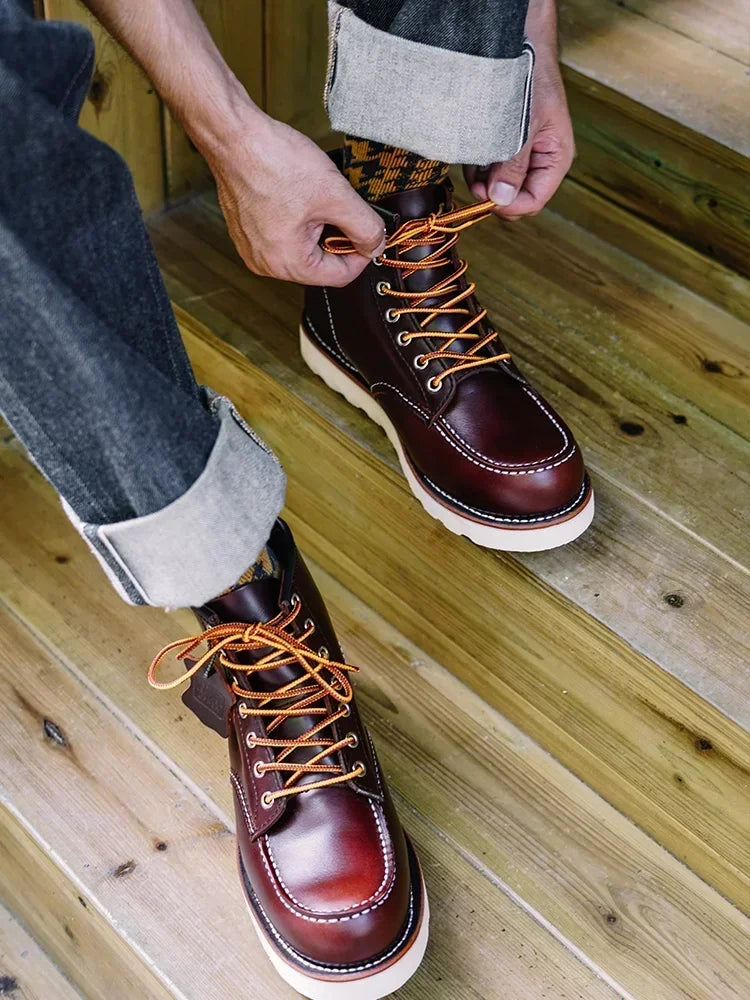 Men’s American-Style Leather Boots – Handmade Cowhide, Goodyear-Welted Motorcycle Design