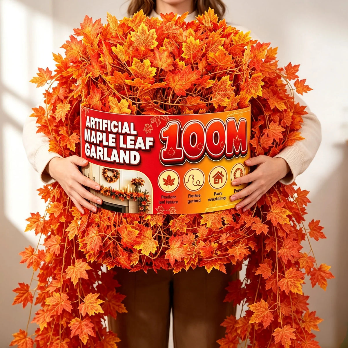 Artificial Autumn Maple Leaf Garland Hanging Vines for Fall, Thanksgiving and Halloween Mantel, Stair Railing and Party Decorations