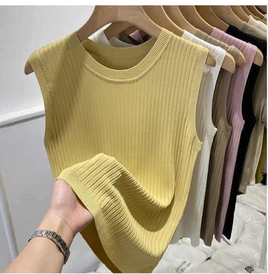 2025 Summer Knitted V-Neck Sleeveless Tank Top for Women – Solid Color, Lightweight Casual Blouse