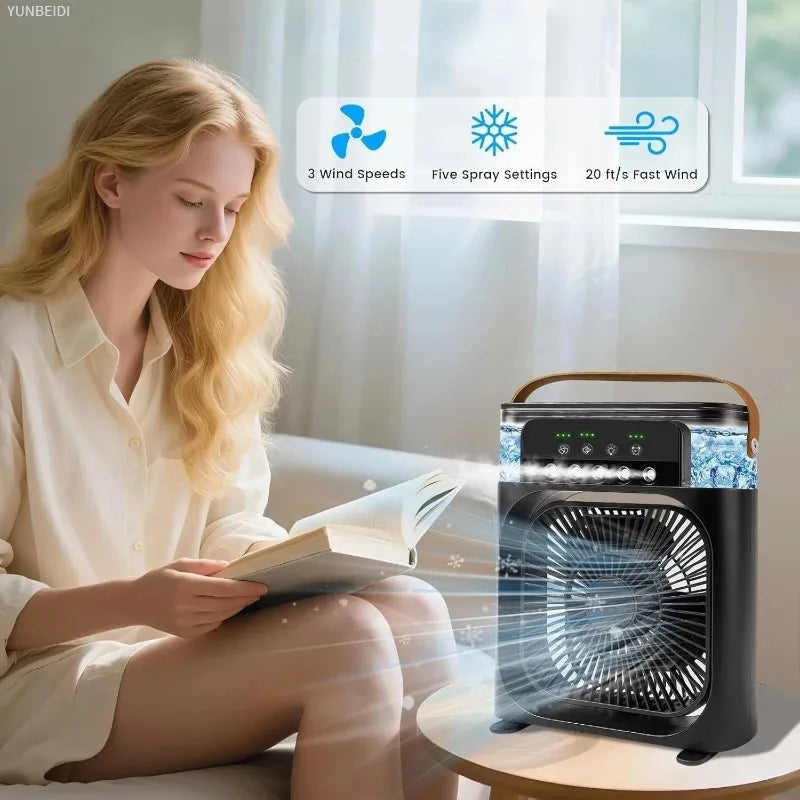 3-in-1 Desktop Air Cooler Fan with Humidifier, LED Light & Timer – Portable USB Spray Fan for Home & Office