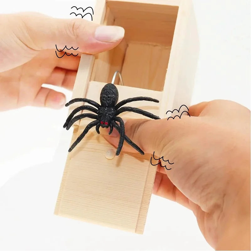 Pop-Out Spider Prank Box – Handmade Wooden Scare Box with Rubber Spider, Funny Surprise Joke Toy for Parties and Halloween
