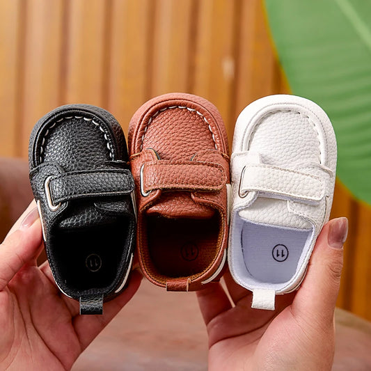Baby Soft-Sole Loafer Shoes with Hook-and-Loop Straps, PU Leather Prewalker Moccasin Style