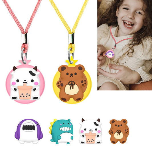 Cute AirTag Holder with Necklace for Kids – 2 Adjustable Necklaces with 4 Cartoon Accessories, Soft Silicone, Anti-Lost, Waterproof
