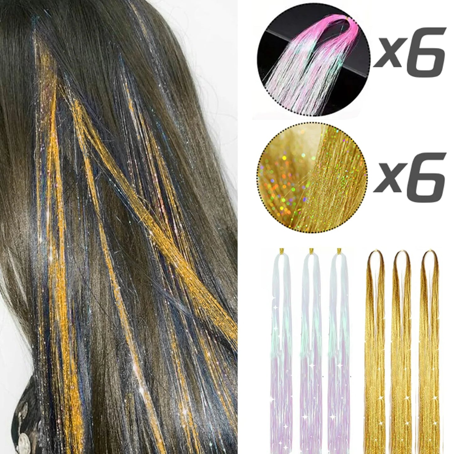 Glitter Hair Tinsel Extensions – 12-Piece Sparkling Fairy Hair Accessories for All Occasions