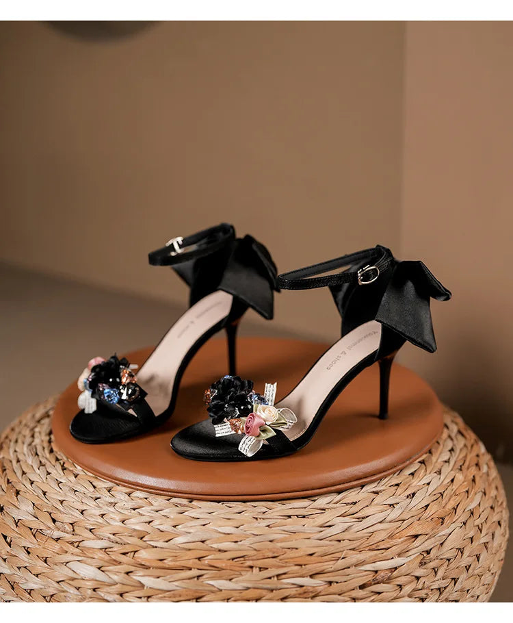 Women’s Open Toe High Heel Sandals – Satin Flower Bow, Buckle Strap, Elegant Dress & Wedding Shoes