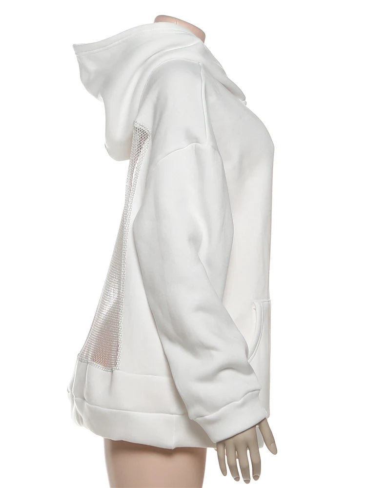 Sisterlinda Women's Hoodie Backless Mesh Patchwork Sweatshirt – Harajuku Streetwear Pullover for Autumn