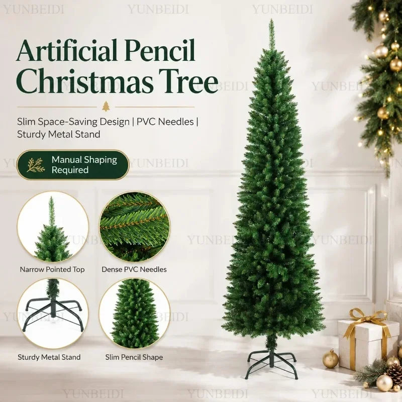 Slim Pencil Artificial Christmas Tree with Metal Stand, 120–210 cm Green PVC Tree with Optional Warm White USB Lights