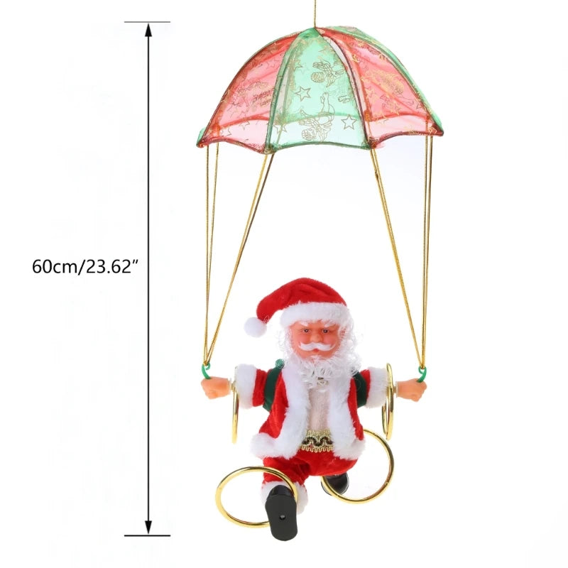 Battery-Operated Musical Santa Claus Parachute Ornament with Animated Flipping Motion, Hanging Indoor Christmas Decoration