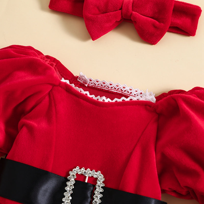 Baby Girl Holiday Outfit – Long Sleeve Romper Dress with Stars & Moon Skirt and Matching Headband