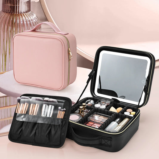 Makeup Bag with LED Lighted Mirror – Travel Cosmetic Case with 3 Light Modes | Portable Vanity Makeup Organizer