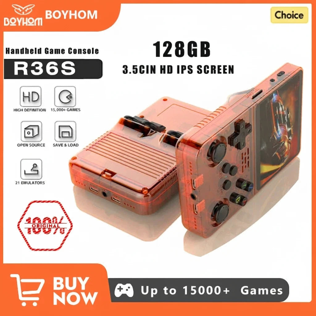 128GB R36S Handheld Retro Game Console – Open Source Linux System, 3.5" IPS Screen, Portable Pocket Gaming Player, Orange