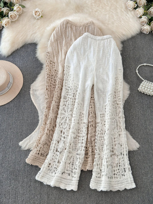 Wide Legged Pants for Women, Crochet Hollow Out High Waist Female Long Pants Summer Streetwear Elegant Trousers