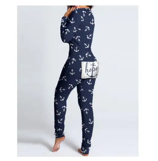 Women’s Christmas Button-Front Pajama Jumpsuit with Back Flap Holiday One-Piece Loungewear
