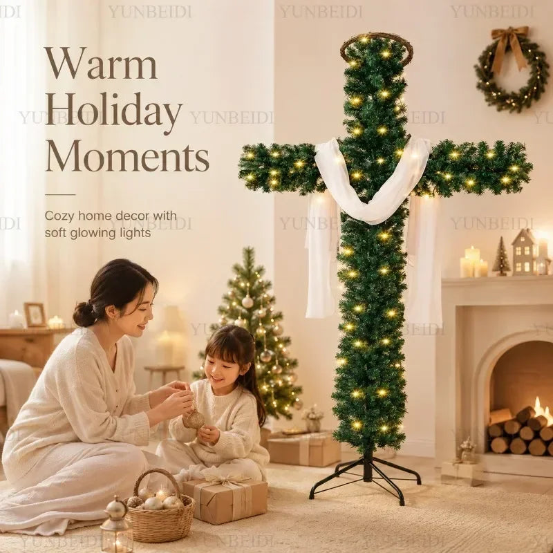 Cross-Shaped Artificial Christmas Tree with Metal Stand, 150 or 180 cm Green PVC Religious Holiday Decoration with Optional USB Lights
