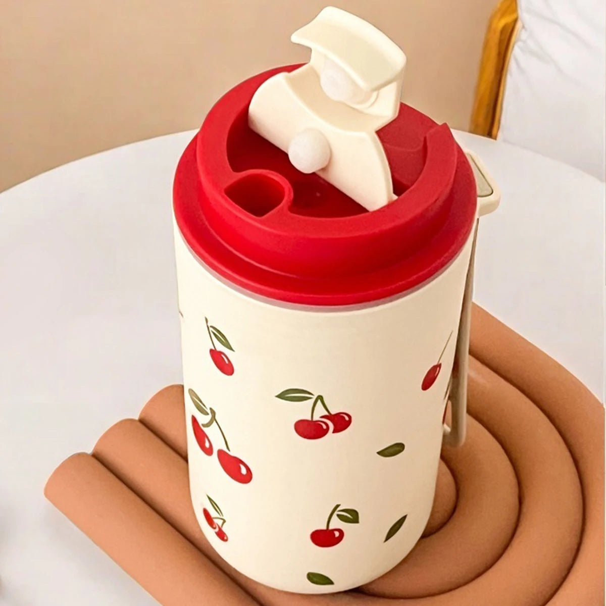 Cherry Pattern Plastic Tumbler Cup with Rope – 350–400ml Reusable Water, Coffee & Milk Mug