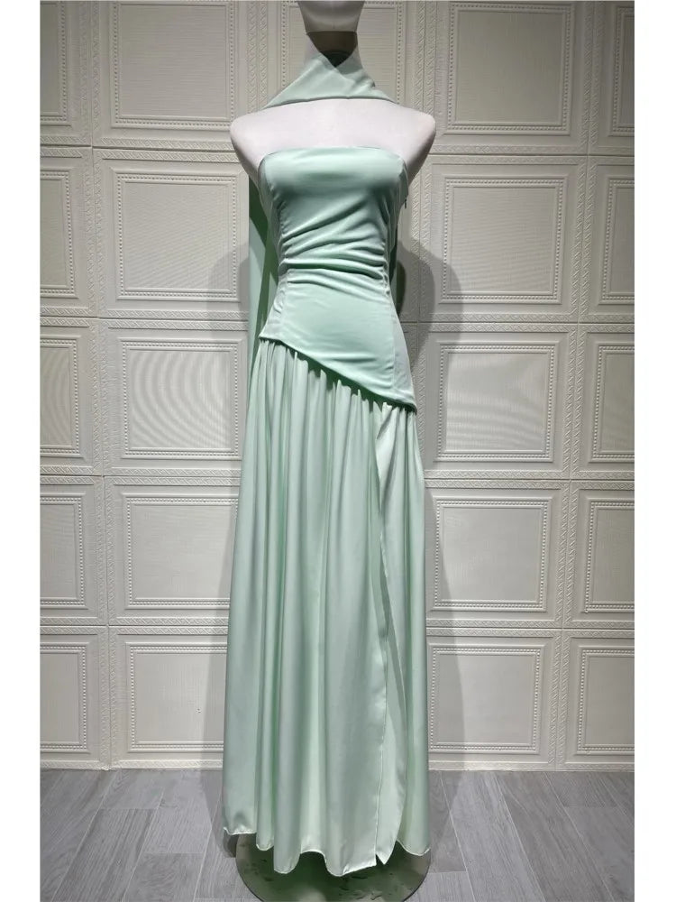 Elegant Pleated Long Dress for Women – Off-Shoulder, Scarf Neck, High Slit | Party & Evening Gown