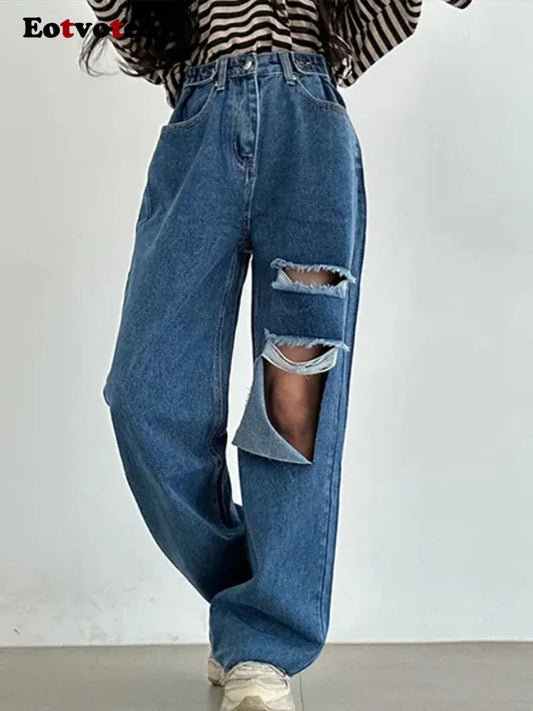 EOTVOTEE Women’s Streetwear Vintage High-Waist Loose Wide-Leg Straight Jeans – Y2K Fashion, Distressed Hole Design, Casual 2025 New