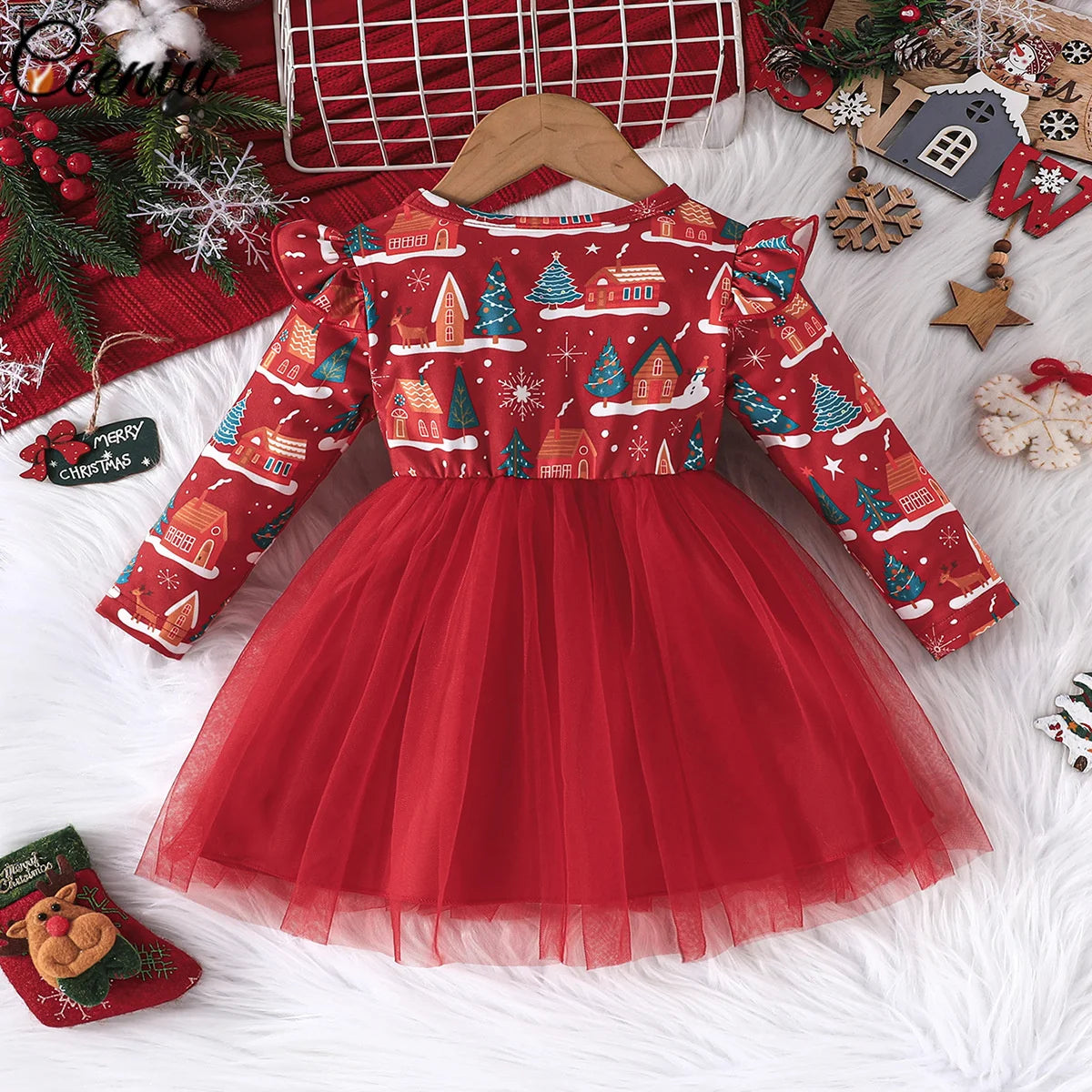 Baby Girl New Year Dress – Green Christmas Tree Print Outfit, “My First New Year” Costume for Newborns & Toddlers