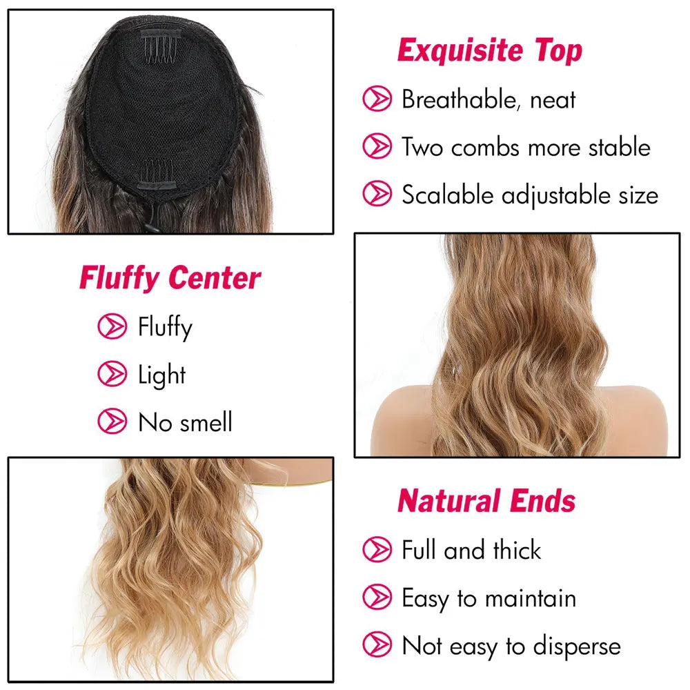 28-Inch Synthetic Drawstring Ponytail – Ombre Brown & Piano Blonde Body Wave, 180g Heat-Resistant Hair Extension