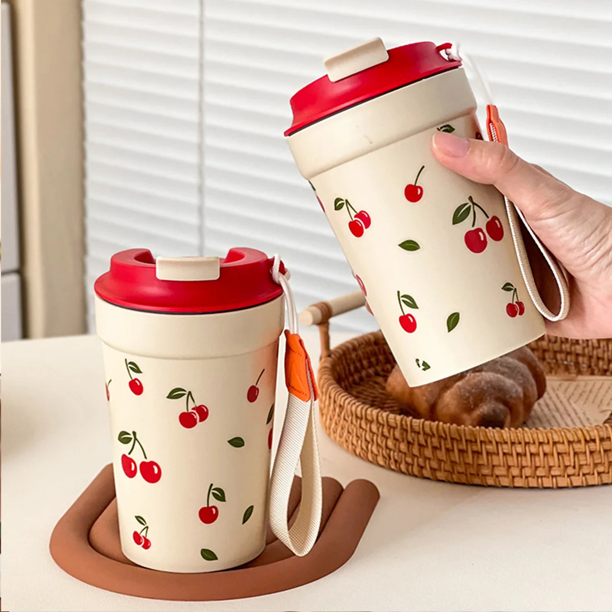 Cherry Pattern Plastic Tumbler Cup with Rope – 350–400ml Reusable Water, Coffee & Milk Mug