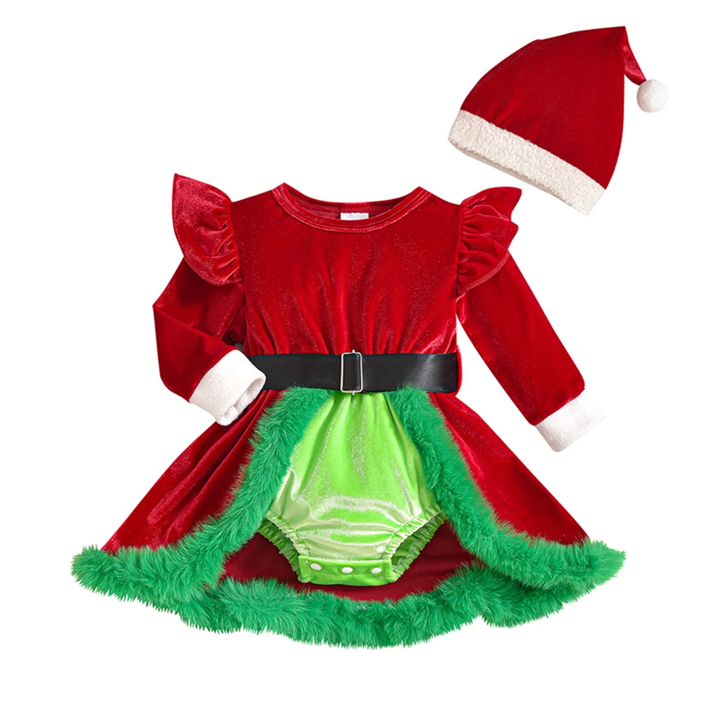 Baby Girl Christmas Outfit – Velvet Romper Dress with Terry Trim, Long Sleeve Jumpsuit & Santa Hat, 0–18 Months, Fall & Holiday Outfit