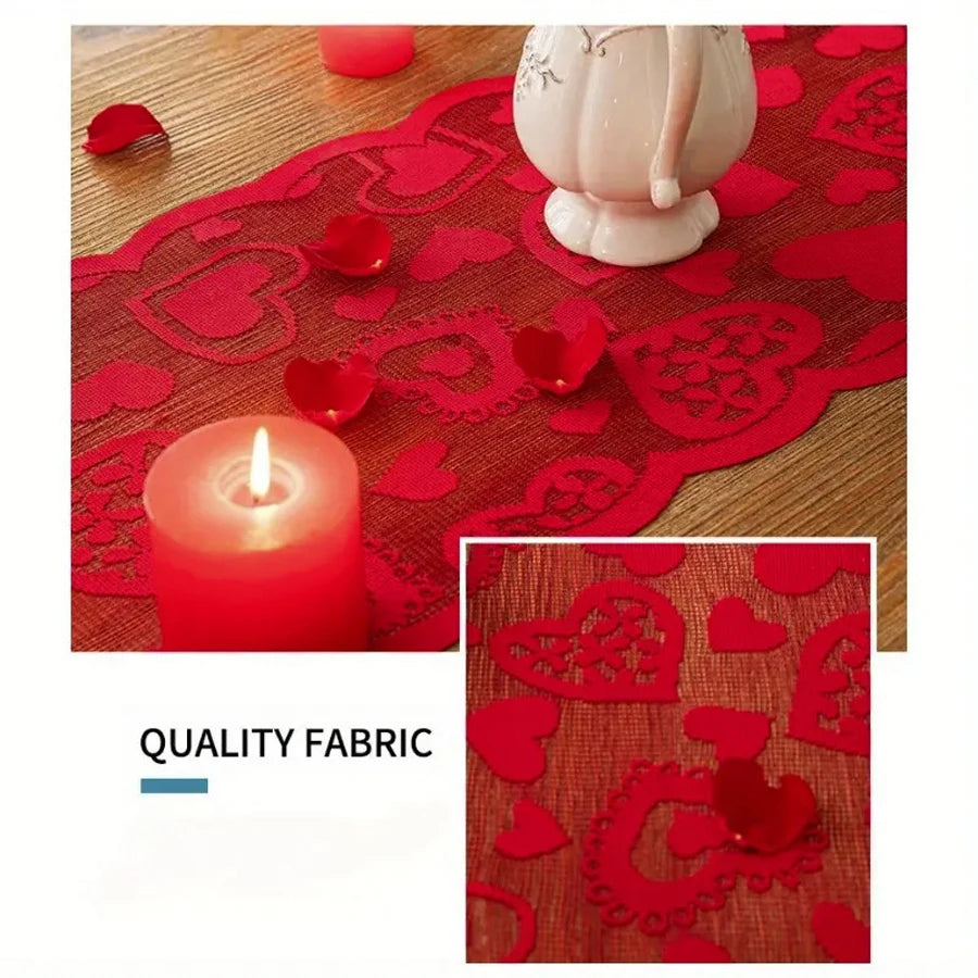 Classic red heart design polyester woven table runner, suitable for Valentine’s Day, family dining, home decoration, and everyday or special occasions.