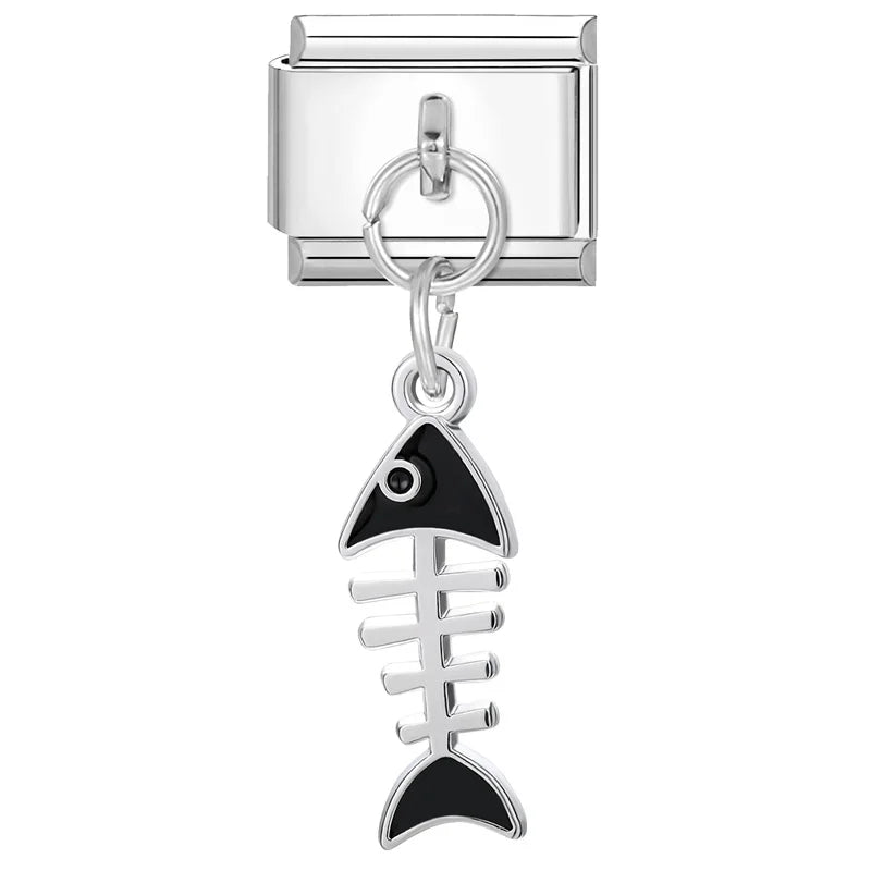 DIY Italian Charm Bracelet – Black & Red Cat Eye, Heart & Stripe Charms, 9mm Stainless Steel