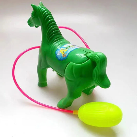 Squeeze-Bulb Horse Toy with Flexible Tube and Moving Legs, Colorful Vintage-Style Plastic Animal Model