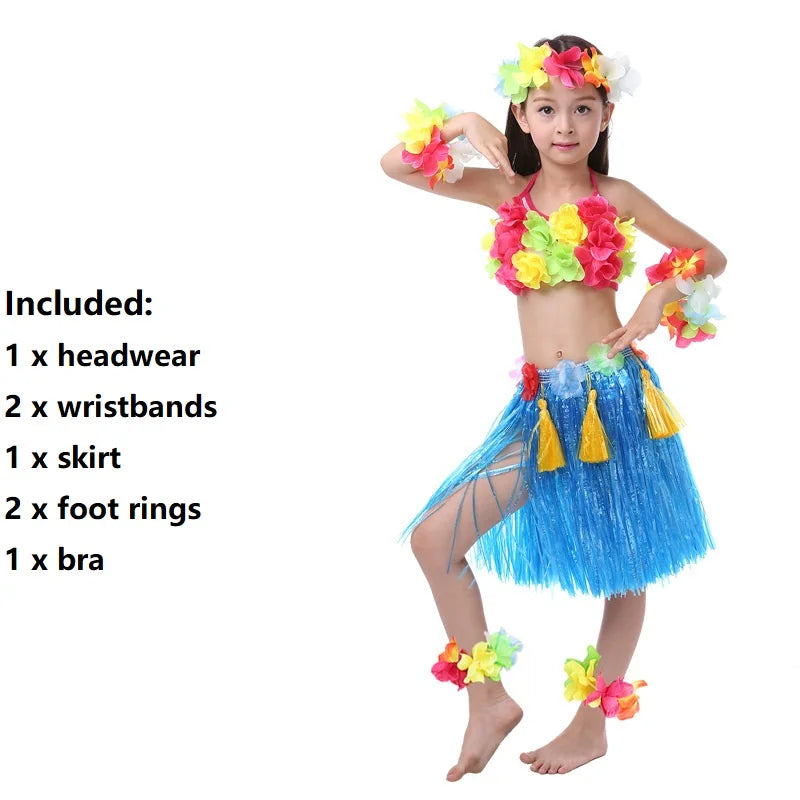 Hawaiian Hula Costume Set for Kids & Teens – Grass Skirt, Top, Flower Lei Necklace, Headband, Anklets & Bracelets (40 cm)