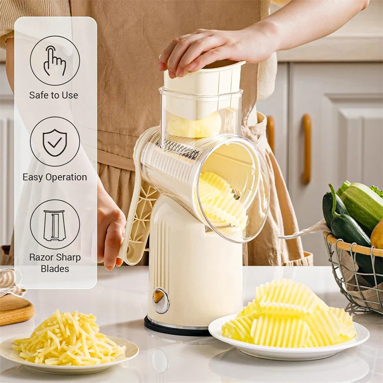 Rotary Cheese Grater with Hand Crank – 5-in-1 Kitchen Shredder & Slicer with Replaceable Stainless Steel Blades for Cheese, Vegetables & More