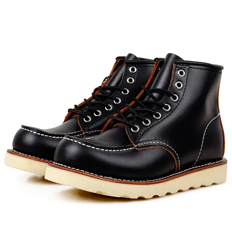 Men’s American-Style Leather Boots – Handmade Cowhide, Goodyear-Welted Motorcycle Design