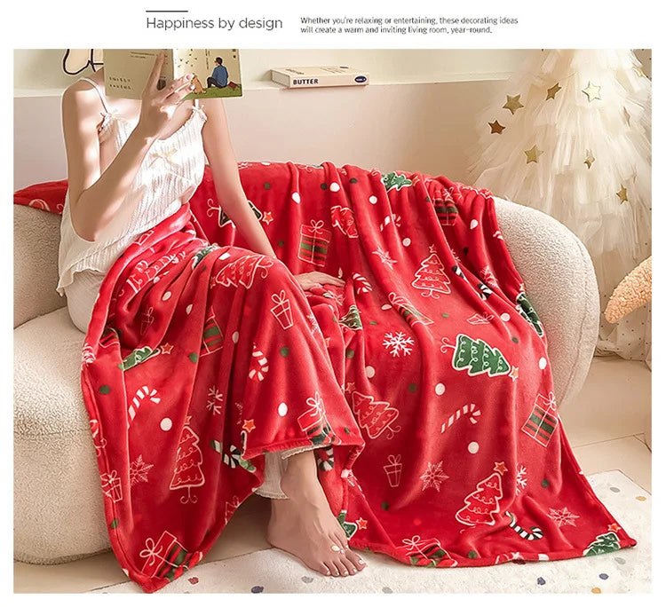 Soft Christmas Print Coral Fleece Throw Blanket, Plush Polyester Sofa and Bed Cover for Cozy Winter Lounging and Holiday Home Decor