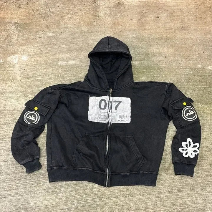 Vintage 90s Style Zip-Up Hoodie, Unisex Oversized Harajuku Streetwear Jacket with Long Sleeves