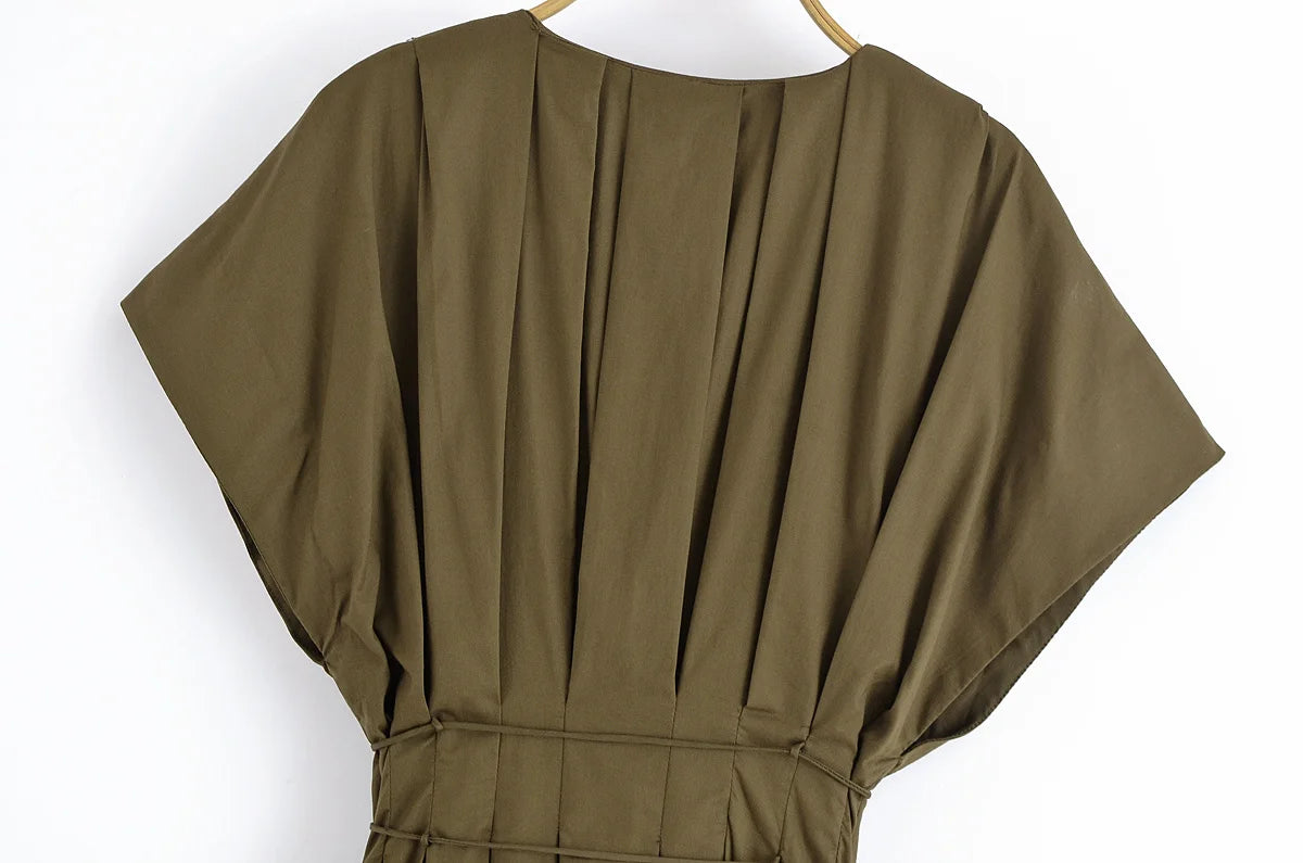 Women's Elegant V-Neck Long Dress – Short Sleeve Lace-Up Bow Waist Casual Dress