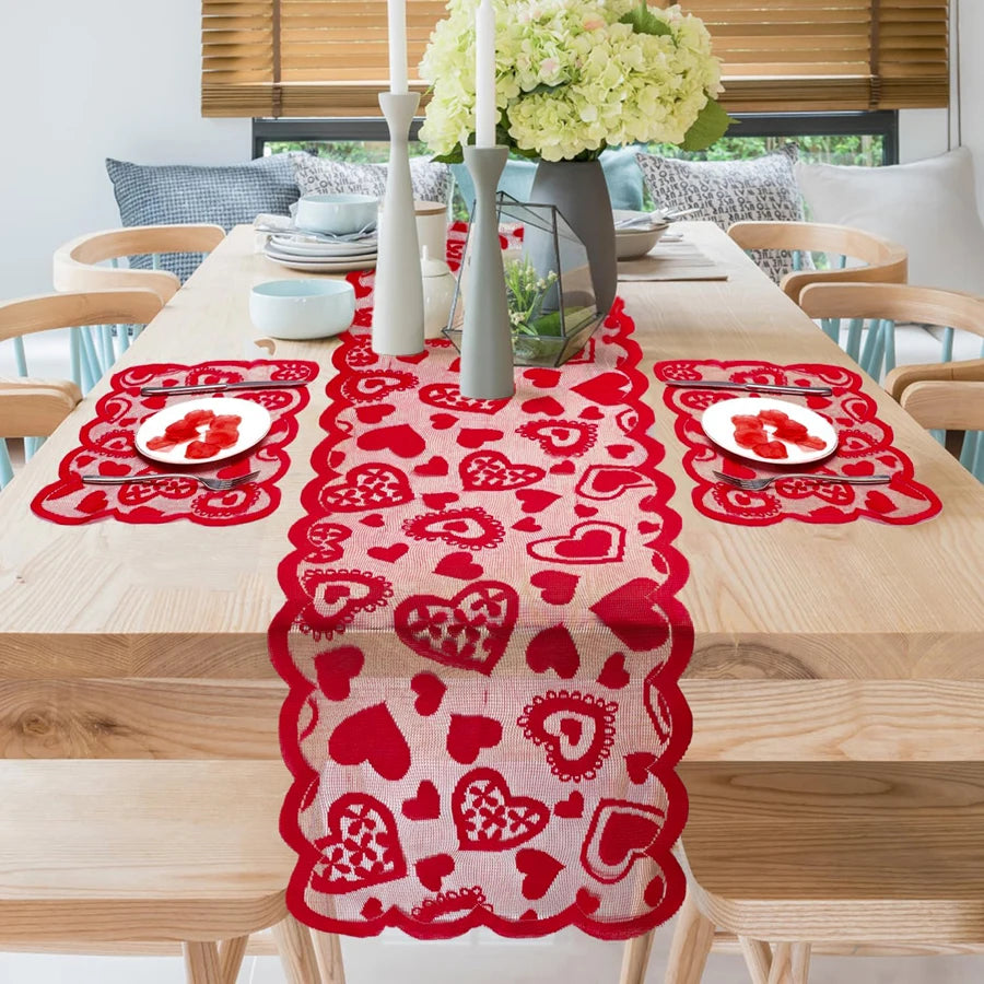 Classic red heart design polyester woven table runner, suitable for Valentine’s Day, family dining, home decoration, and everyday or special occasions.