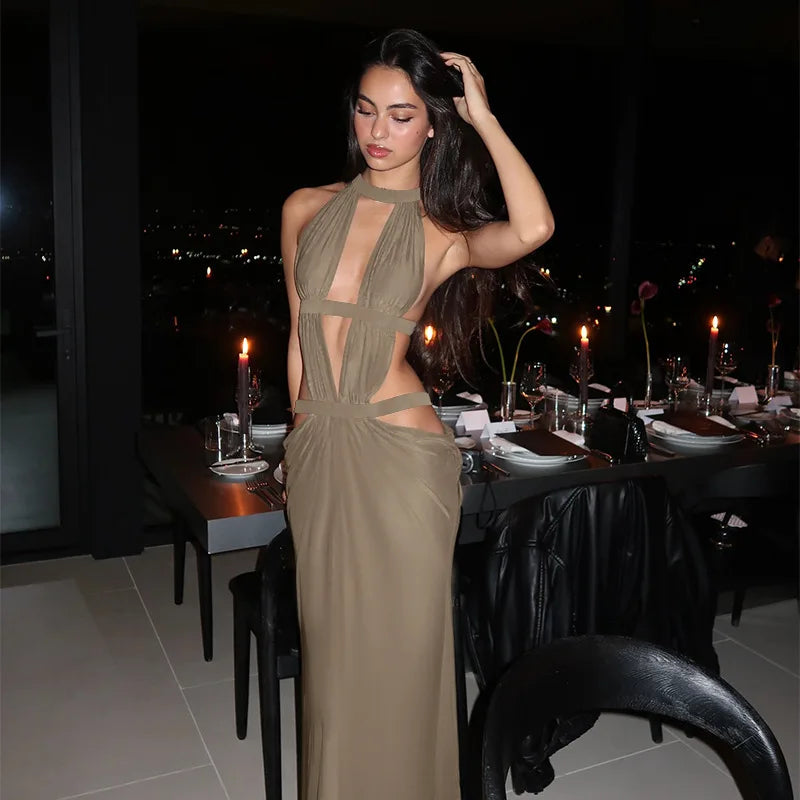 Women's Halter Cut-Out Backless Maxi Dress, Sleeveless Floor-Length