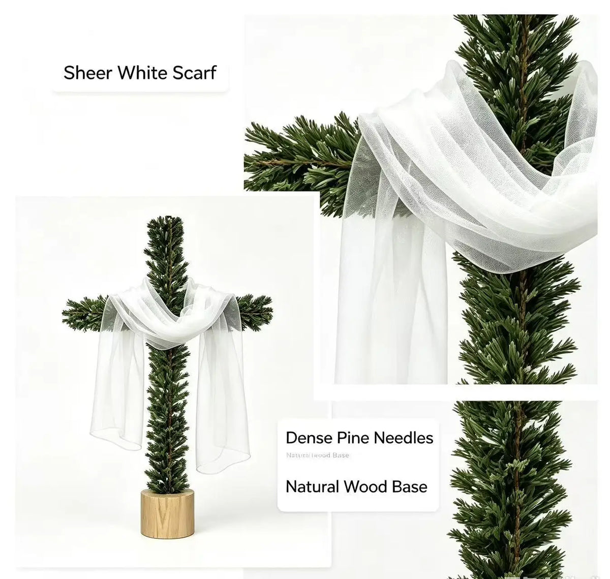 Artificial Pine-Style Greenery Cross with White Fabric Drape and Wood-Look Base for Christmas, Easter and Religious Tabletop Decor