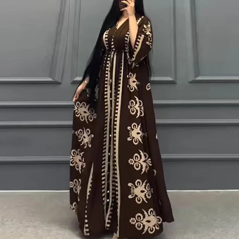 Sleeve Loose Arabic Dress for Women Vintage Party Dress V-neck Maxi