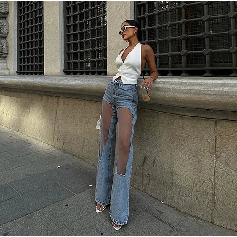 Women’s High-Waist Distressed Denim Jeans with Sheer Mesh Knee Panels – Trendy Streetwear Pants | Italian Street Style