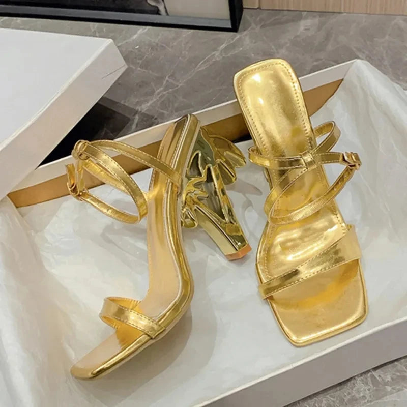 Women's Green Patent Leather Ankle Strap Heels – Square Toe Fretwork Sandals | Party & Fashion Shoes"