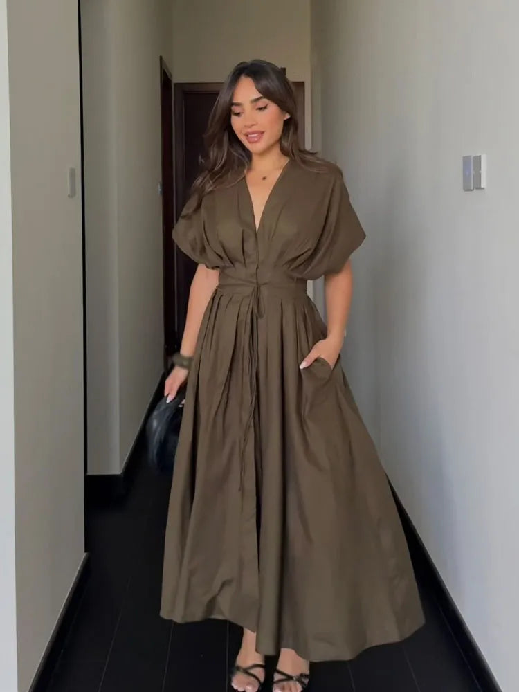 Women's Elegant V-Neck Long Dress – Short Sleeve Lace-Up Bow Waist Casual Dress
