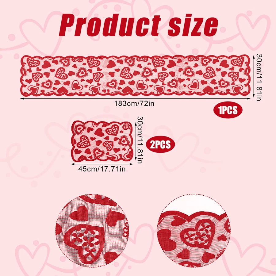 Classic red heart design polyester woven table runner, suitable for Valentine’s Day, family dining, home decoration, and everyday or special occasions.