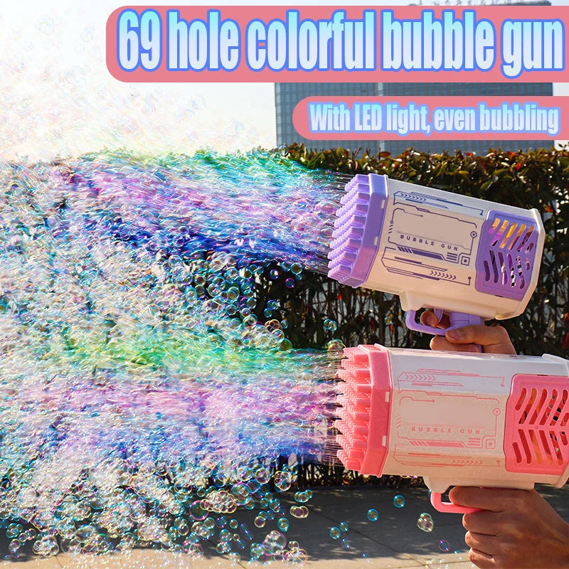 Automatic 69-Hole Bubble Gun Machine with Lights – Soap Bubble Blower Toy for Kids