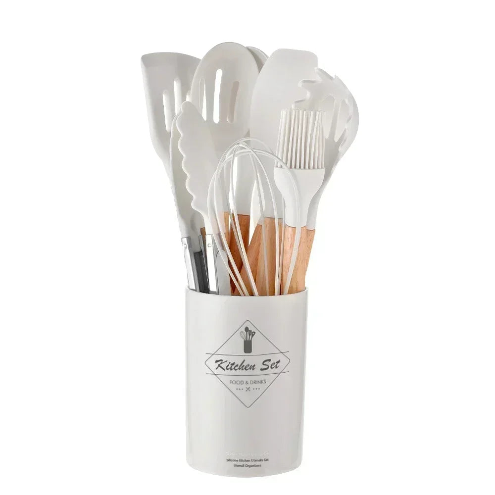 12-Piece Non-Stick Silicone Cooking Spoon Set with Wooden Handles – Heat-Resistant Kitchen Utensils with Storage Container | Ideal for Home & Professional Use