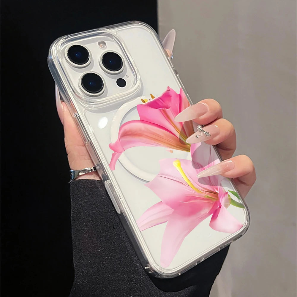 Pink Lily Cherry Blossom Magnetic Clear Phone Case for iPhone