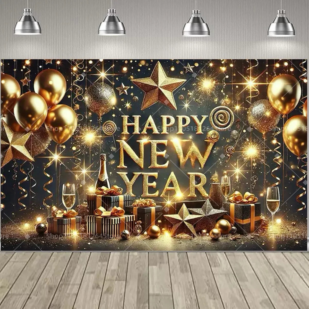 Black & Gold Happy New Year Party Decoration Banner – Festive Photo Backdrop for New Year & Holiday Celebrations