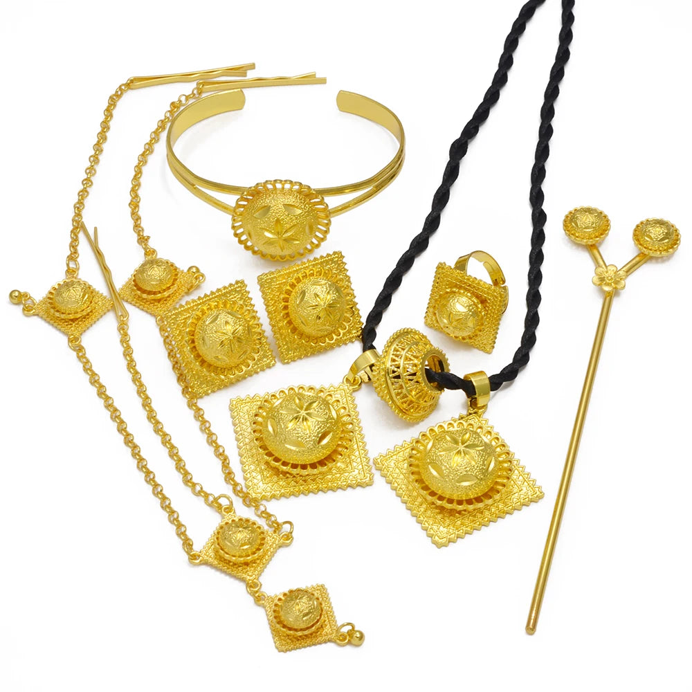 "Anniyo African Wedding Jewelry Set – Ethiopian Eritrean Necklace, Earrings, Bracelet, Ring, and Hairpin for Women, Bridal or Engagement"