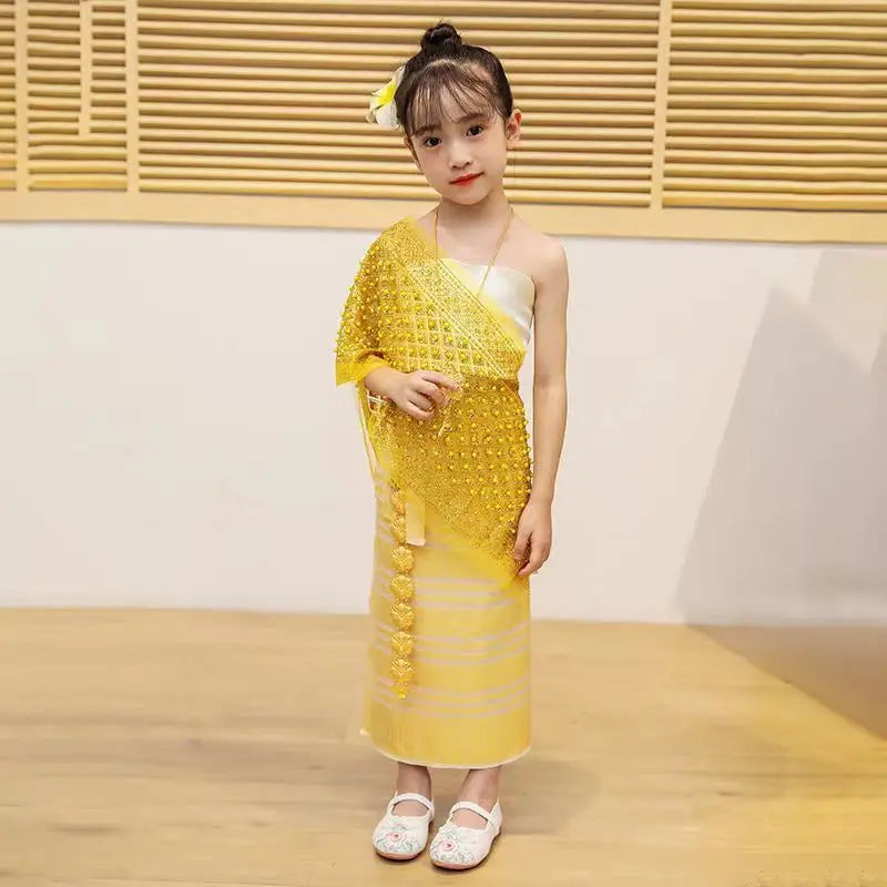 Girls’ Thai Traditional Festival Dress – Bride & Dai Minority Costume with Gilded Yarn, Travel & Party Outfit